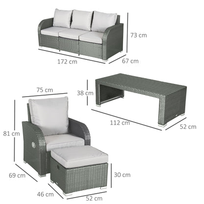 Outsunny 7-Seater Rattan Garden Furniture w/ Coffee Table Footstool Space-saving Patio Wicker Weave Reclining Chair Set, Light Grey