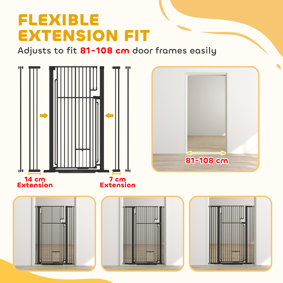 PawHut 135cm Extra Tall Dog Gate with Cat Door, Fits Openings 81-108 cm Pressure Mounted for Doorways, Hallways, No Drilling