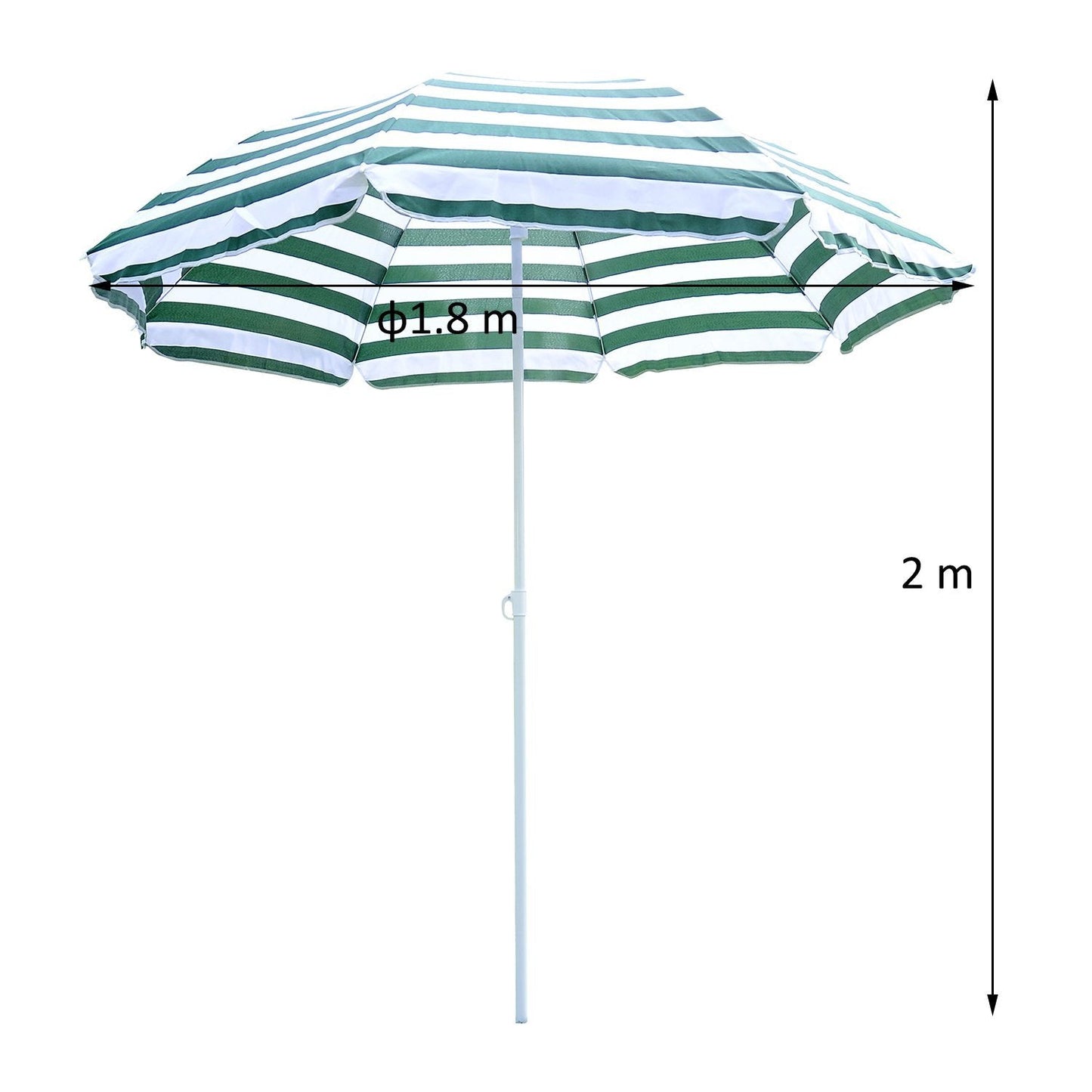 Outsunny 1.8m Beach Parasol Umbrella with Tilt Canopy, Lightweight Patio Garden Sunshade with 8 Ribs, Green & White Stripe