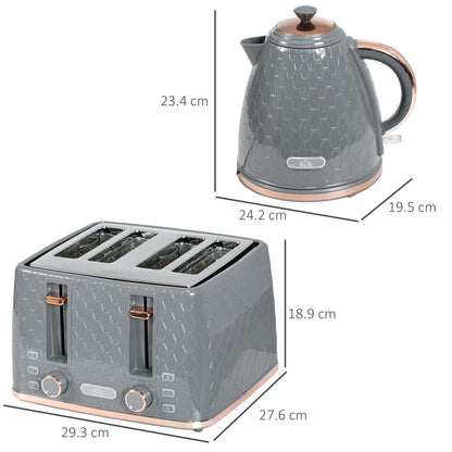 Zestaw czajnika i tostera HOMCOM 1,7 l 3000 W z funkcją szybkiego gotowania i 4 kromkami, zestaw czajnika i tostera z 7 pokrętłami do przyrumienienia, tacka na okruchy, szary