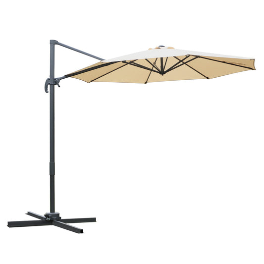 Outsunny Round Umbrella Parasol W/ Tilt 360 degrees Rotation and Hand Crank Cross Base-Beige