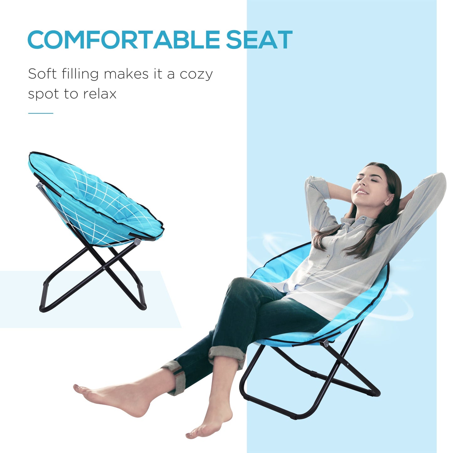 Outsunny Camping Moon Chair, Portable Folding Camping Chair for Adults with Wide Padded Oxford Seat for Outdoor Camp, Travel, Fishing, Beach, Blue