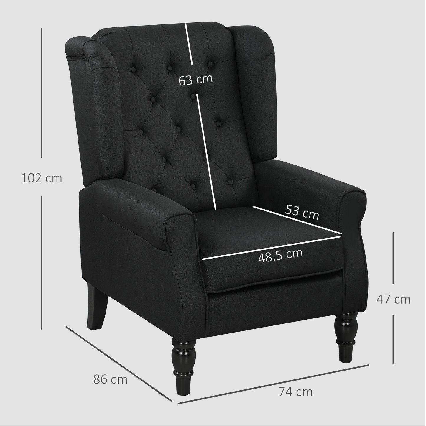 HOMCOM Retro Accent Chair, Linen Wingback Armchair with Wood Frame Button Tufted Design for Living Room Bedroom, Black