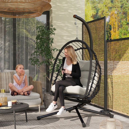 Outsunny Outdoor PE Rattan Swing Chair z poduszką, składany kosz ogrodowy Patio Hanging Egg Chair z metalowym stojakiem, zagłówek, do wewnątrz i na zewnątrz, czarny