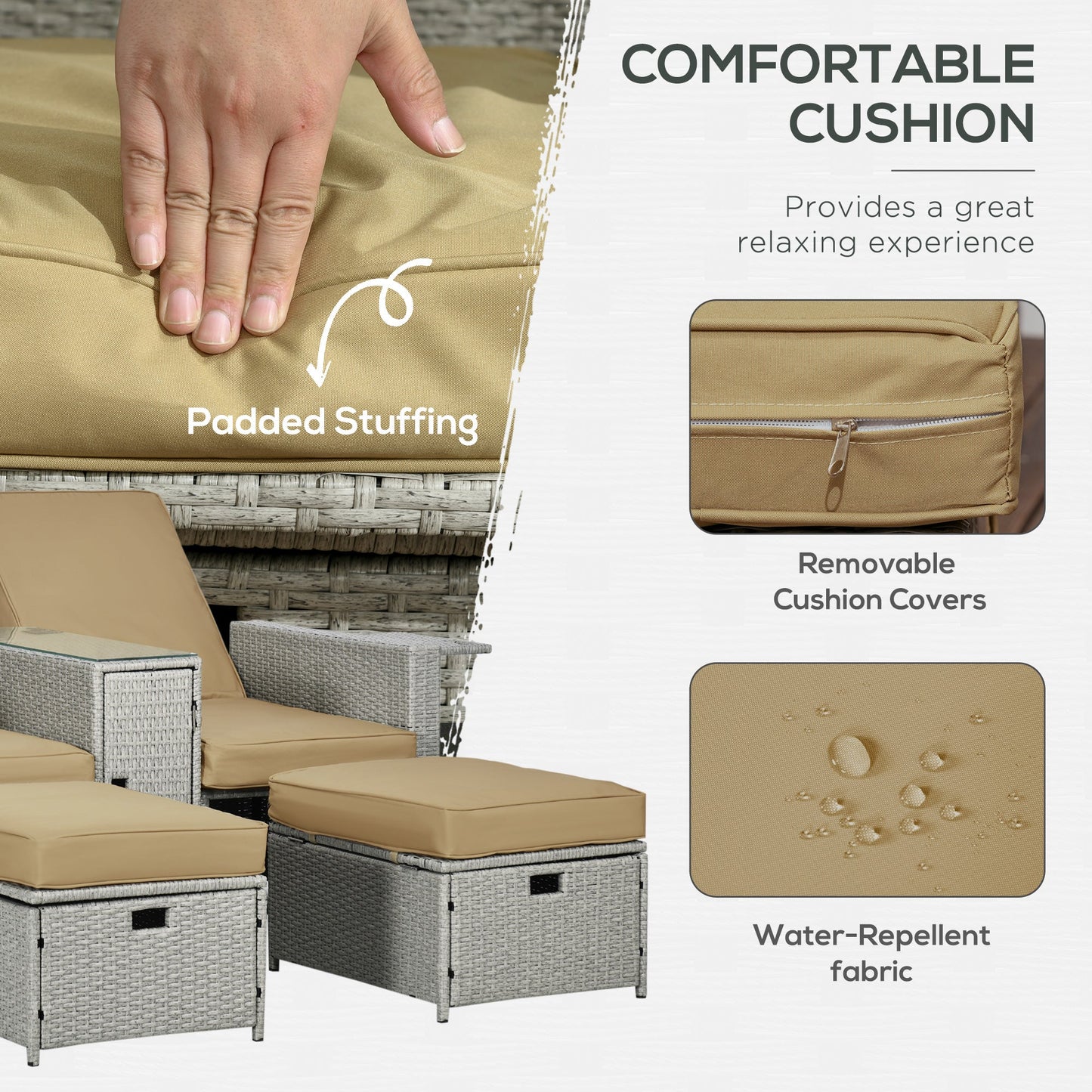 Outsunny 5PC PE Rattan Leżak, Zewnętrzna wiklina 5-poziomowa Regulowana Sofa Rozkładana z Bocznym Stolikiem i Podnóżkami, Na Patio, Do Ogrodu, Przy Basenie, Beżowy