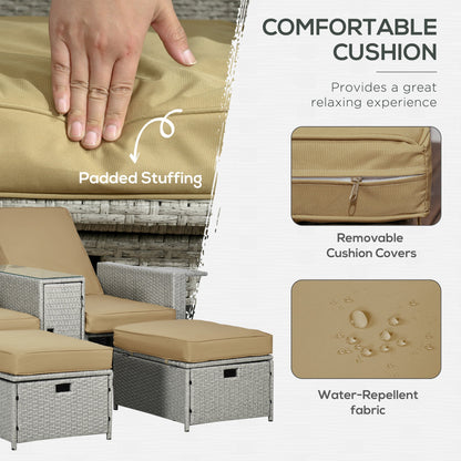 Outsunny 5PC PE Rattan Leżak, Zewnętrzna wiklina 5-poziomowa Regulowana Sofa Rozkładana z Bocznym Stolikiem i Podnóżkami, Na Patio, Do Ogrodu, Przy Basenie, Beżowy