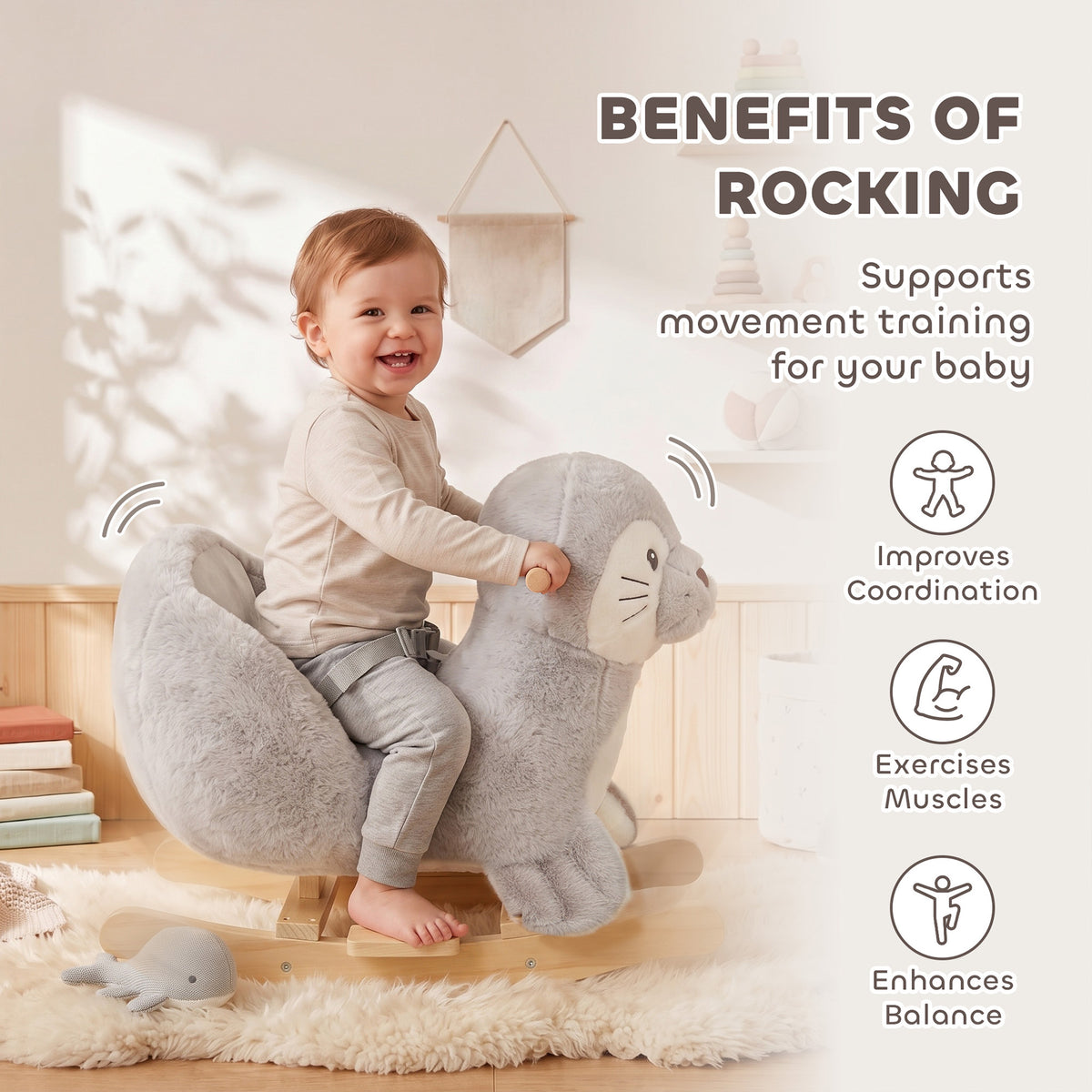 AIYAPLAY Baby Rocking Horse, Seal Rocking Animal with Sounds and Belt for Toddlers 12-36 Months,