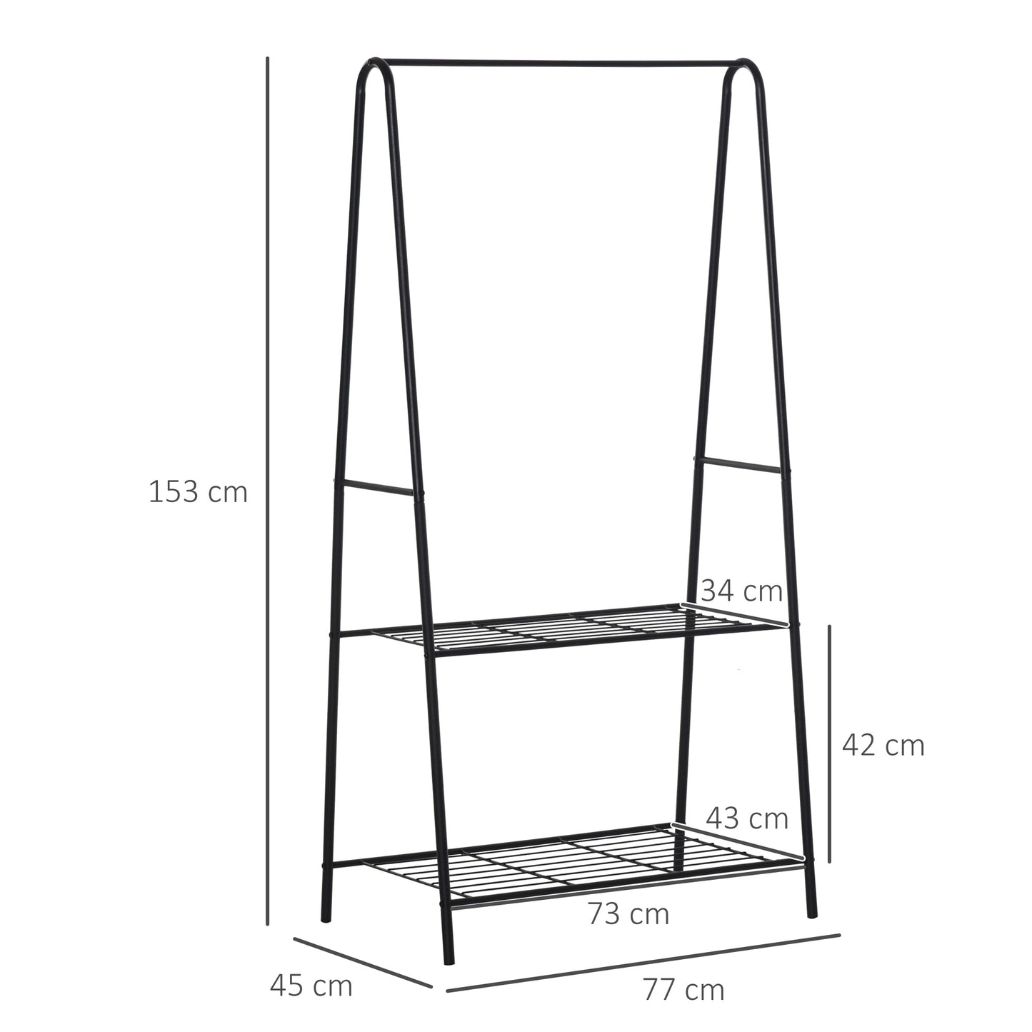 HOMCOM Metalowy wieszak na ubrania, wieszak na ubrania, organizer do przedpokoju, drążek na wieszaki, 2-poziomowa półka na buty w kształcie litery A, 77L x 45W x 153H cm, czarny