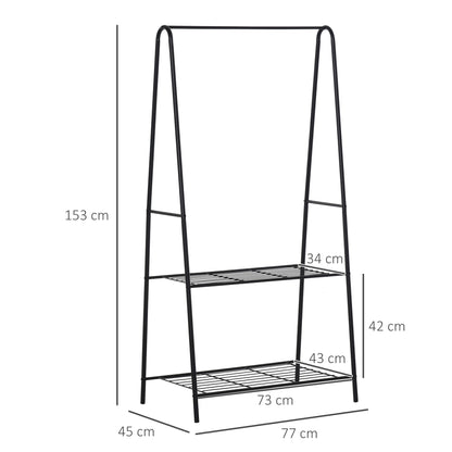 HOMCOM Metalowy wieszak na ubrania, wieszak na ubrania, organizer do przedpokoju, drążek na wieszaki, 2-poziomowa półka na buty w kształcie litery A, 77L x 45W x 153H cm, czarny