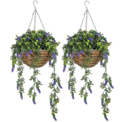 HOMCOM Set of 2 Decorative Artificial Plants, Faux Silk Lavender Flowers in Hanging Baskets, Fake Plants for Home Indoor Outdoor Decor, Purple