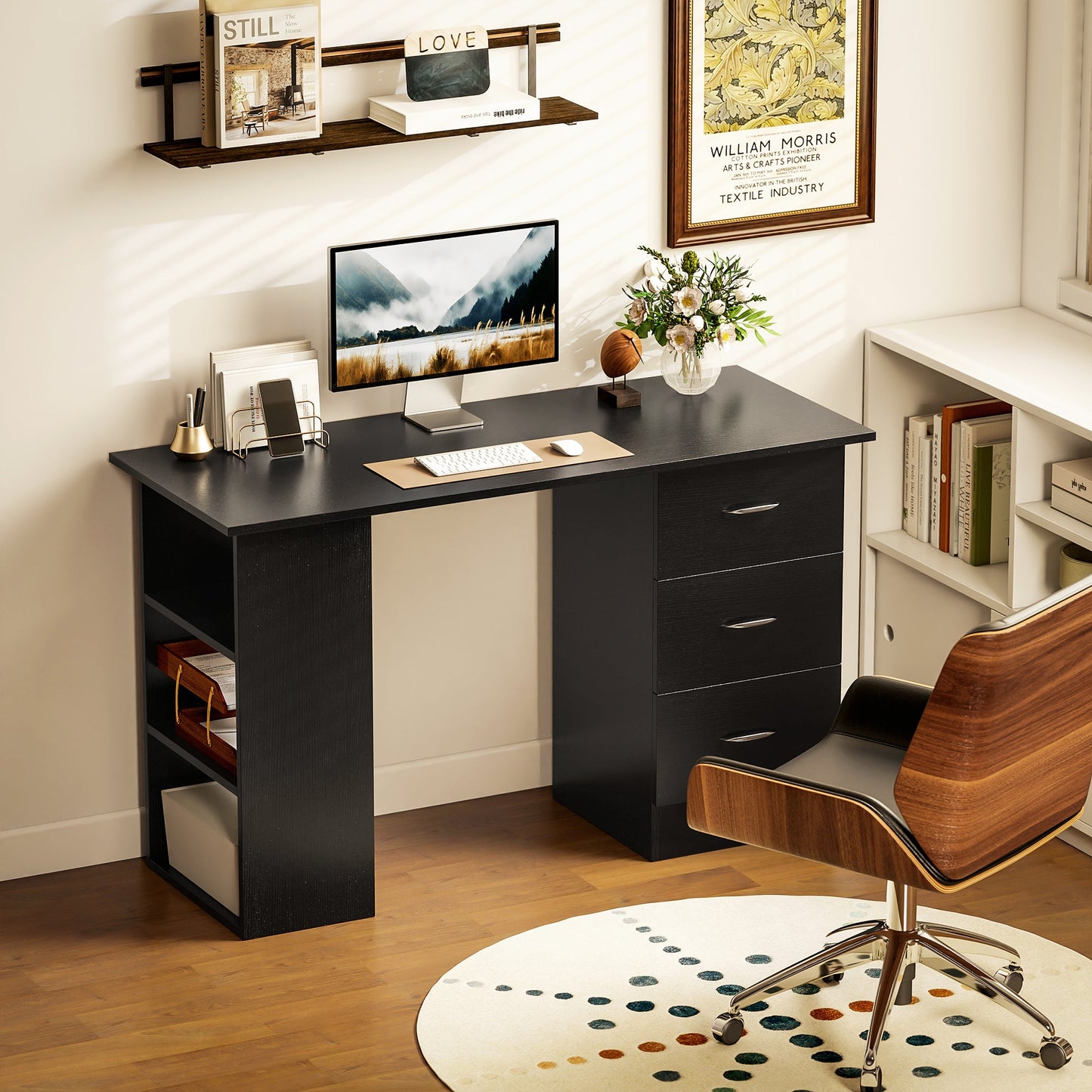 HOMCOM Computer Desk with Drawers, Home Office Desk, Writing Table, PC Workstation with 3 Storage Shelves for Working, Study, 120 x 49 x 72 cm, Black