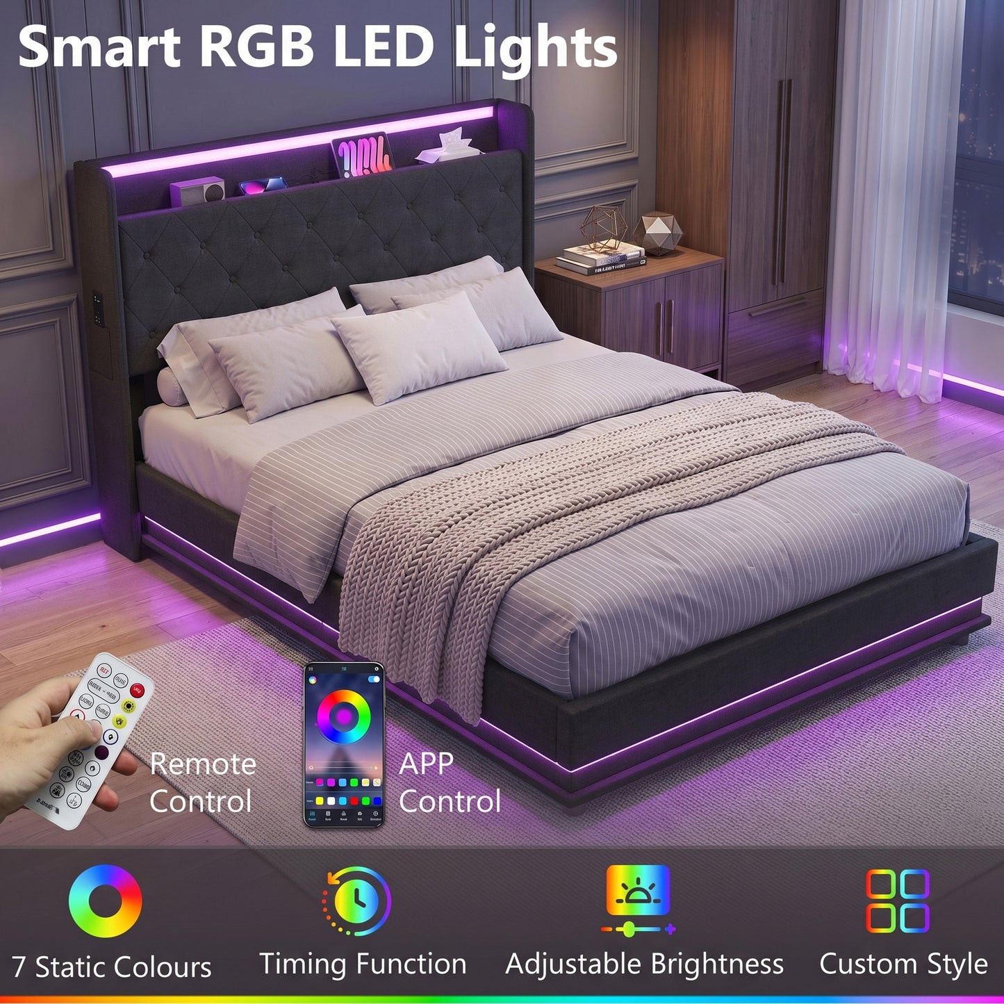 HOMCOM 4ft6 Double Bed Frame with Headboard, Platform Bed Frame with Hydraulic Storage, LED Lights and Charging Station, Black