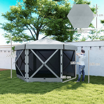 Outsunny 3 x 3(m) Sześciokątny namiot typu pop-up z 5 bokami i torbą transportową, wodoodporny, odporny na promieniowanie UV namiot imprezowy, natychmiastowe schronienie na imprezy z siatką do ogrodu, patio, jasnoszary