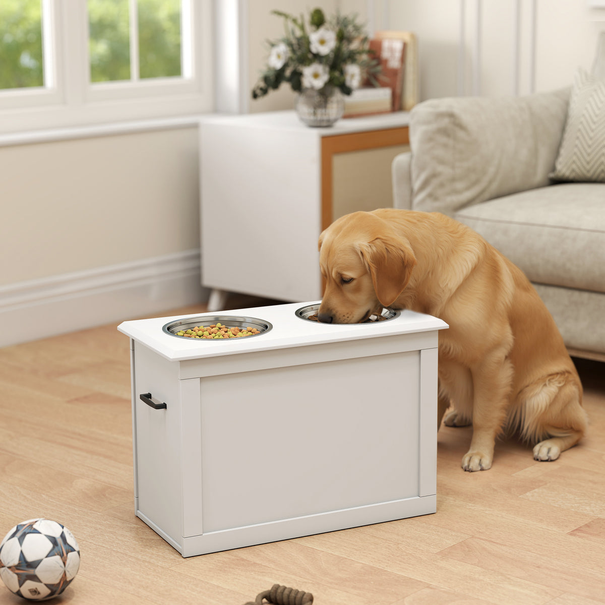PawHut Raised Dog Bowls, with Storage, Two Stainless Steel Bowls, Elevated Base - White