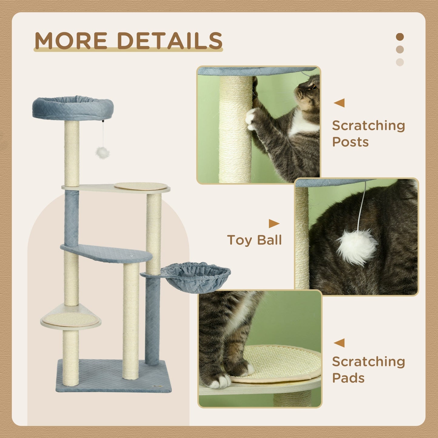 PawHut 118.5cm Cat Tree for Indoor Cats, Cat Tower with Scratching Posts, Mats, Hammock, Cat Bed, Ball Toy, Grey Blue