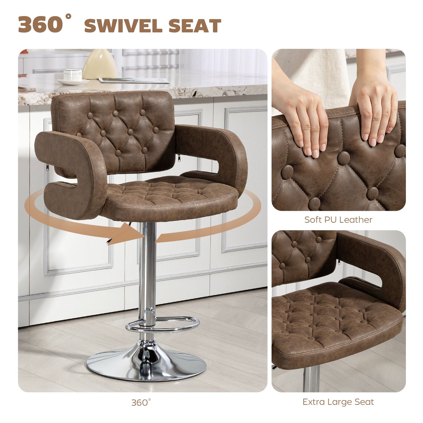 HOMCOM PU Leather Upholstered Swivel Bar Stool, Height Adjustable with Back, Armrest, Footrest, Coffee