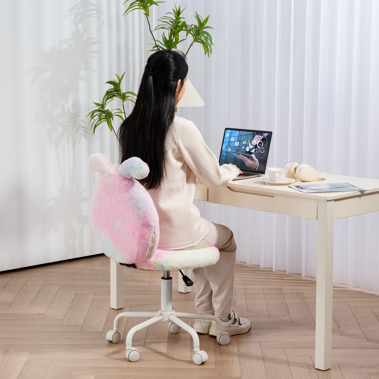 HOMCOM Fuzzy Office Chair with Bunny Ears, Faux Fur Swivel Desk Chair, Armless Makeup Vanity Chair with Adjustable Height for Bedroom, Study Room, Colourful