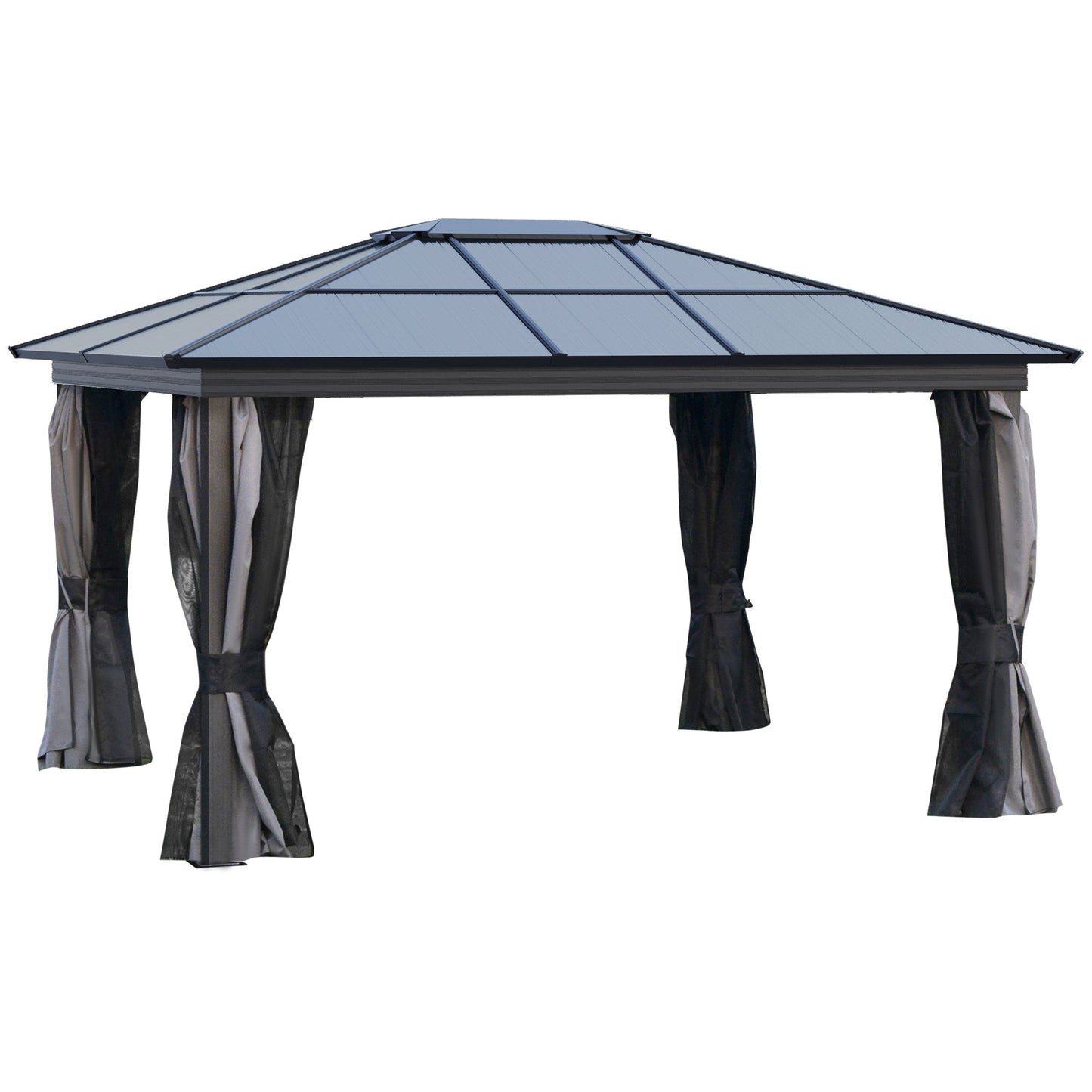 Outsunny 3.6 x 4m Hardtop Gazebo Canopy with Polycarbonate Roof, Aluminium Frame, Permanent Pavilion Garden Gazebo with Netting and Curtains for Patio, Deck, Dark Grey