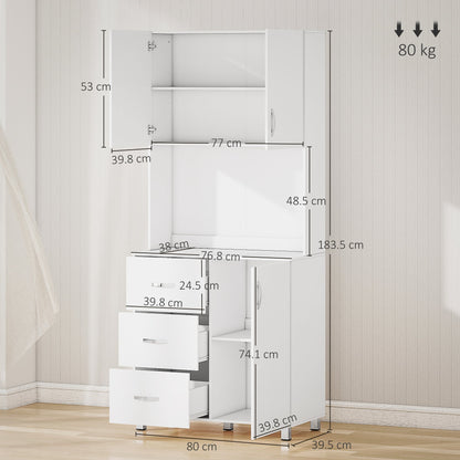 HOMCOM Free standing Kitchen Cupboard, Storage Cabinet with Doors and Sheleves, 3 drawers and Open Space, Adjustable Height Storage Unit, White
