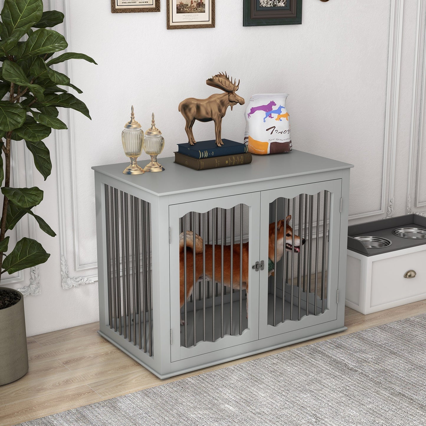 PawHut Dog Crate End Table w/ Three Doors, Furniture Style Dog Crate, for Big Dogs, Indoor Use w/ Locks and Latches - Grey