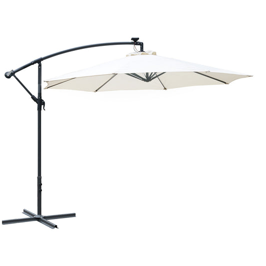 Outsunny 3(m) LED Cantilever Parasol Banana Garden Umbrella with Solar Lights, Crank Handle and Cross Base, Hanging Sun Shade, Off-White