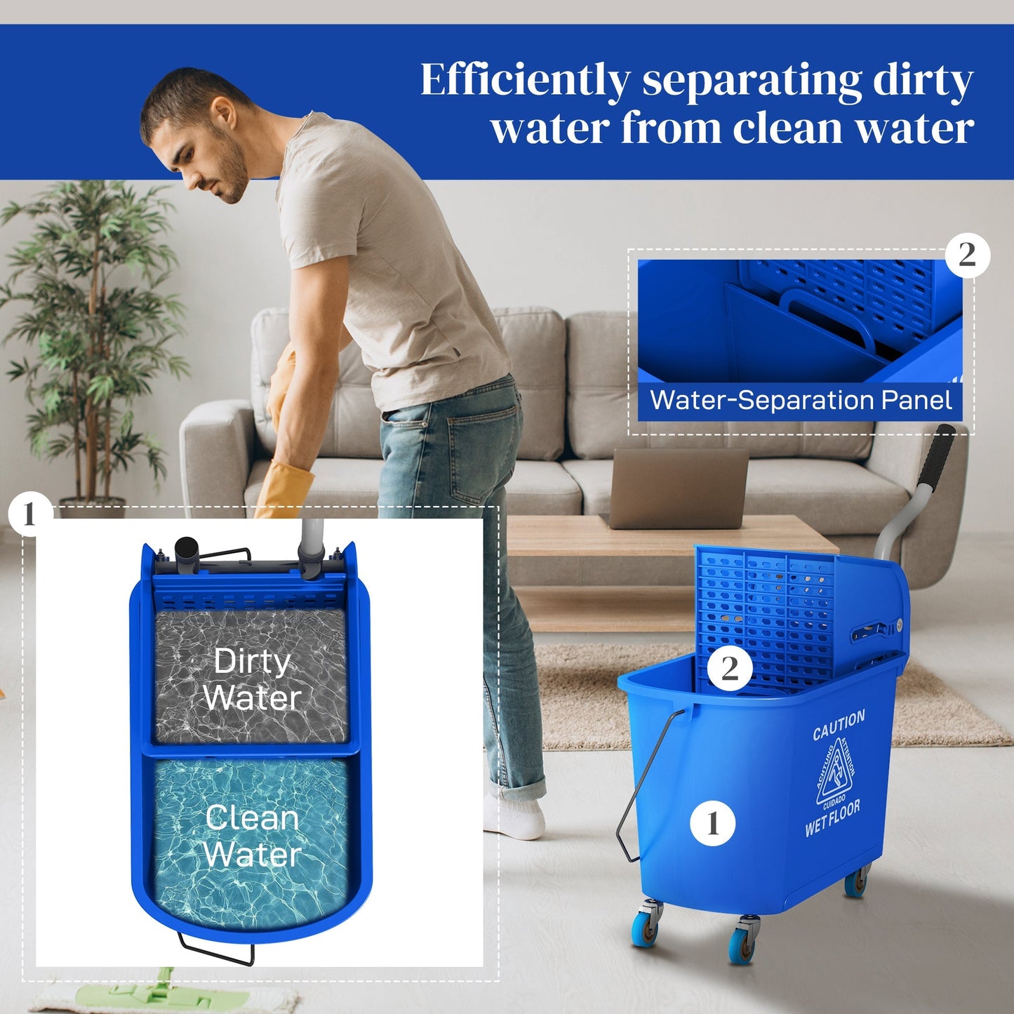 20L Mop Bucket with Wringer and Handle, Mop Bucket on Wheels for Floor Cleaning, Separate Dirty and Clean Water, Blue