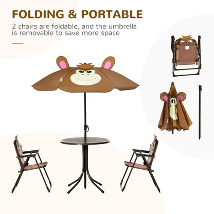 Outsunny Kids Bistro Table and Chair Set, Outdoor Folding Garden Furniture w/Monkey Design, Removable, Adjustable Sun Umbrella, Ages 3-6 Years - Brown