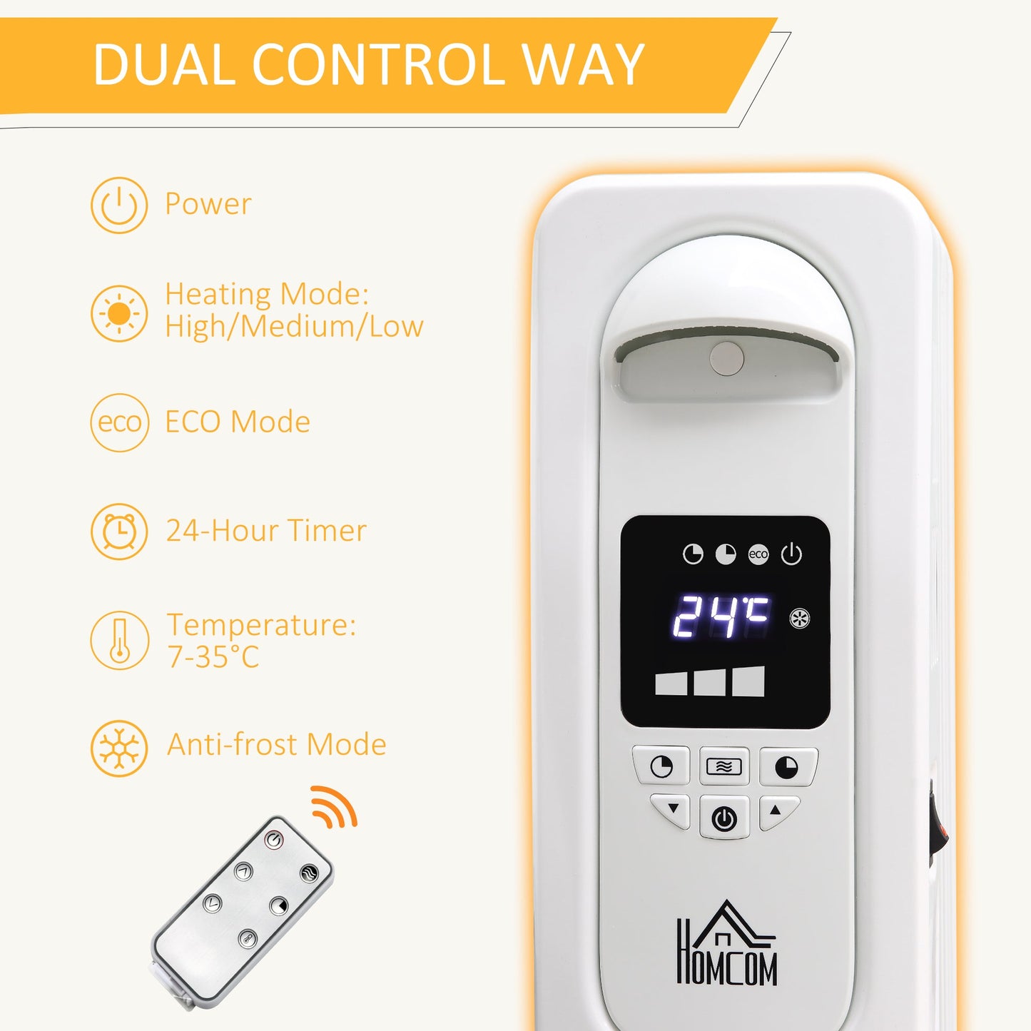 HOMCOM 1500W Cyfrowy Grzejnik Olejowy, 7 Żeberek, Przenośny Elektryczny Grzejnik z Wyświetlaczem LED, Wbudowanym Timerem, 3 Ustawienia Grzania, Wyłącznik Bezpieczeństwa i Pilot Zdalnego Sterowania, Biały