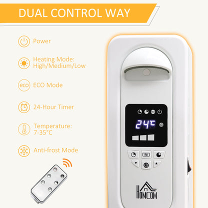 HOMCOM 1500W Cyfrowy Grzejnik Olejowy, 7 Żeberek, Przenośny Elektryczny Grzejnik z Wyświetlaczem LED, Wbudowanym Timerem, 3 Ustawienia Grzania, Wyłącznik Bezpieczeństwa i Pilot Zdalnego Sterowania, Biały