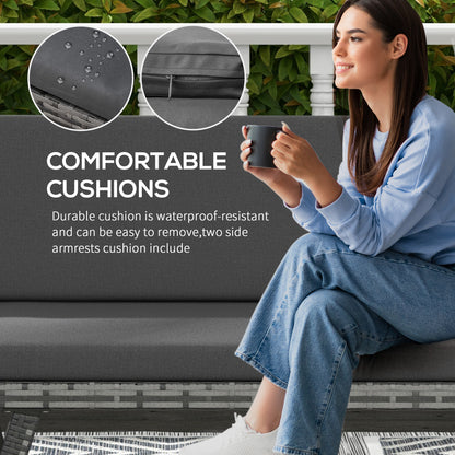 Sofa Outsunny 2-osobowa z rattanu z poduszkami, 2-w-1 z rattanu PE z podłokietnikami lewostronnymi w górę lub w dół, ogrodowa leżanka dwuosobowa na zewnątrz, patio, mieszany szary