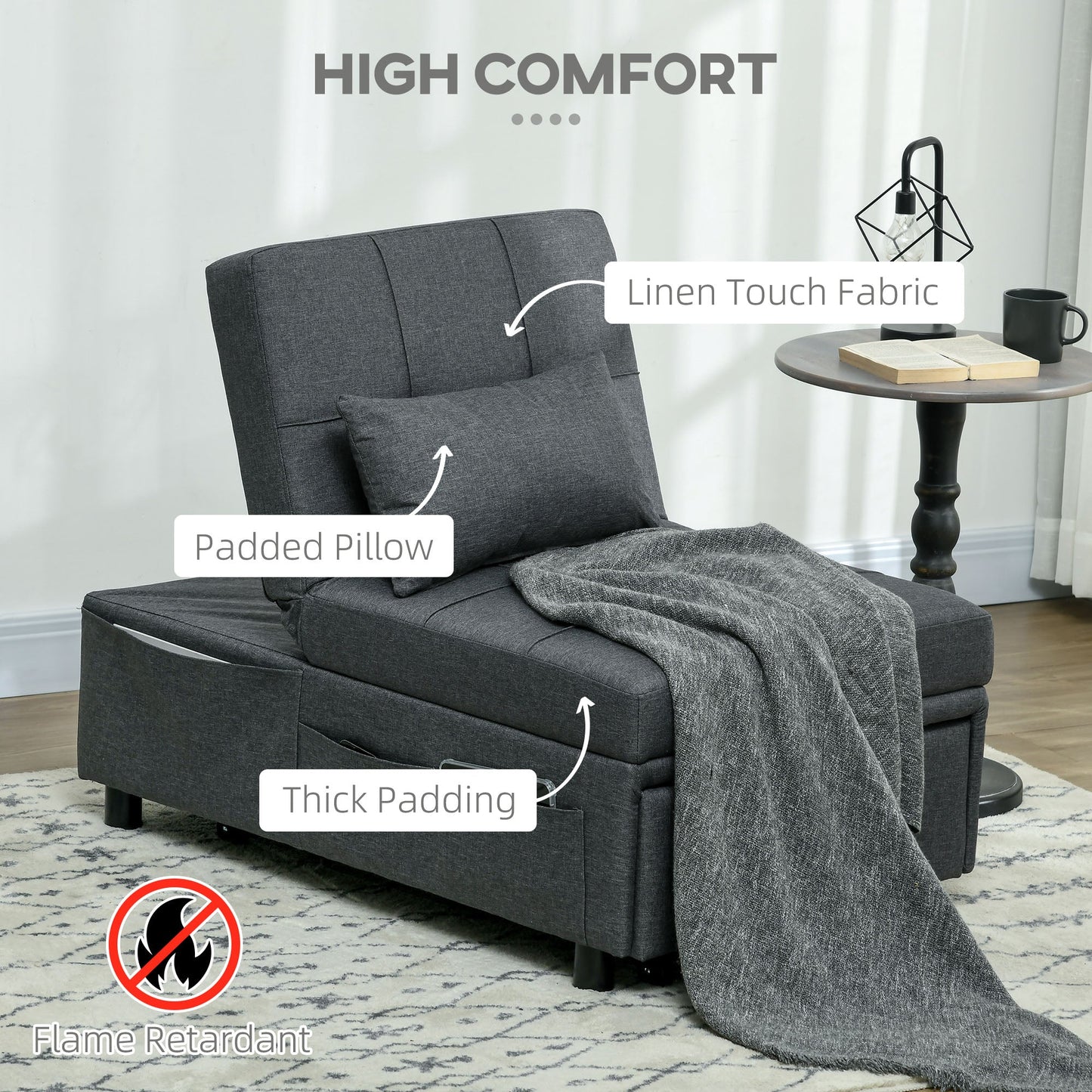 HOMCOM Fotel rozkładany z siedziskiem z wypełnieniem, 4-w-1 wielofunkcyjna sofa rozkładana z funkcją spania, fotel z regulowanym oparciem, boczna kieszeń, kółka i poduszka, do salonu, szary