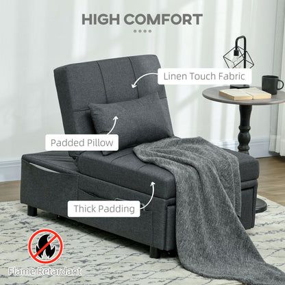 HOMCOM Fotel rozkładany z siedziskiem z wypełnieniem, 4-w-1 wielofunkcyjna sofa rozkładana z funkcją spania, fotel z regulowanym oparciem, boczna kieszeń, kółka i poduszka, do salonu, szary
