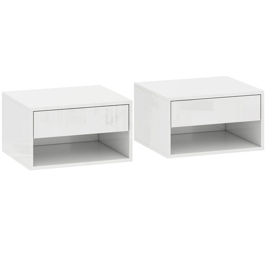 HOMCOM Set of Two Floating Bedside Tables, Wall Mounted Nightstand with Drawer and Open Shelf, High Gloss White
