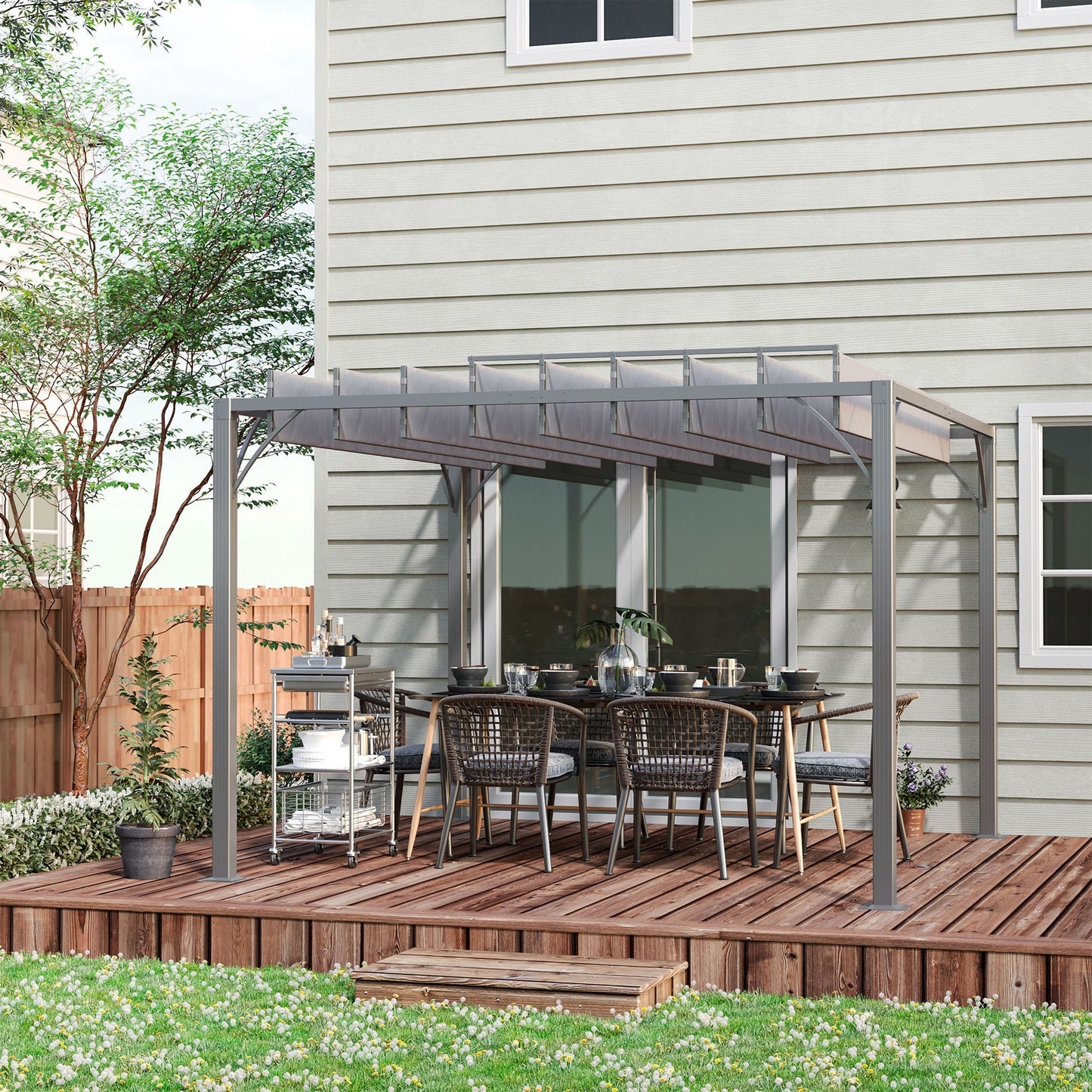 Outsunny 3 x 3(m) Outdoor Pergola with Retractable Roof, Aluminium Louvered Patio Gazebo Canopy for Lawn Garden Patio, Grey