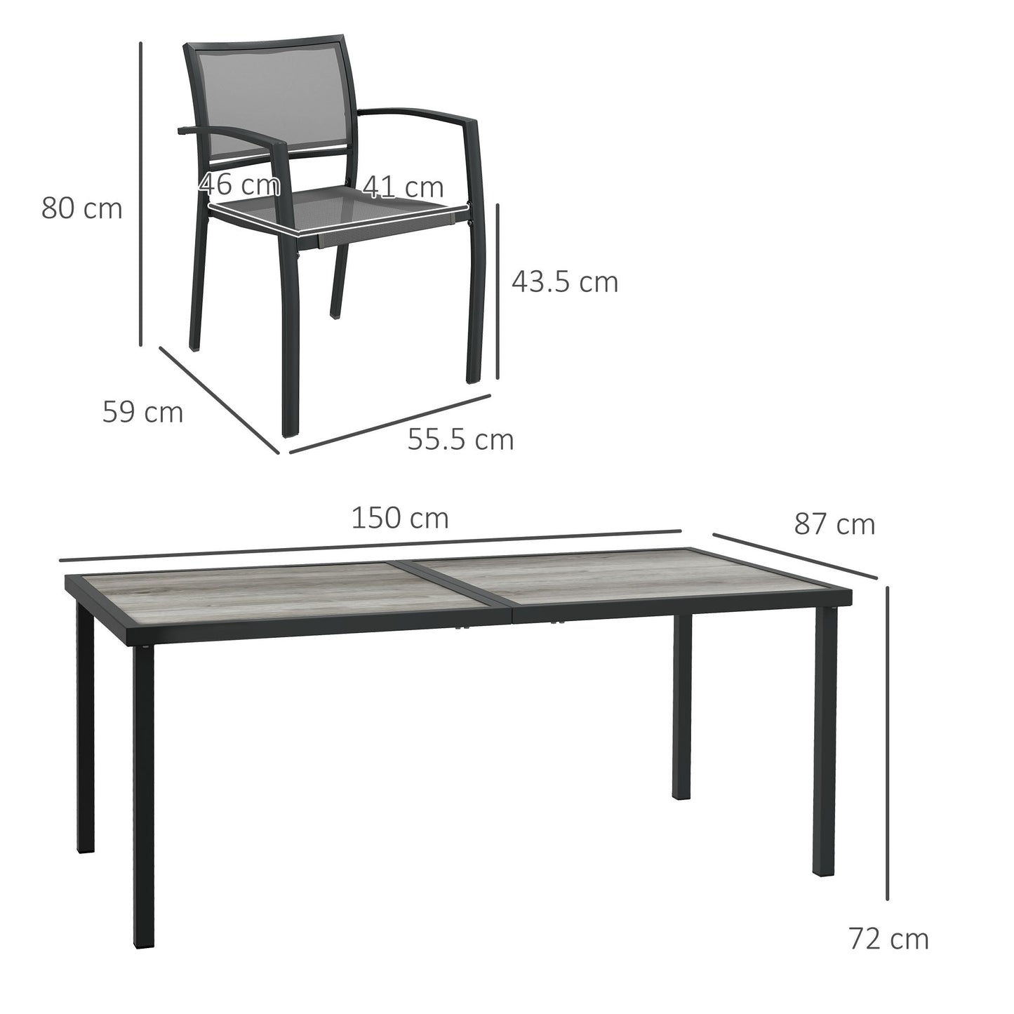 7 Pieces Garden Dining Set, Stackable Chairs, Outdoor Patio 6 Seater Table and Chairs With Breathable Mesh Seat, Back, Plastic Top for Poolside - Grey