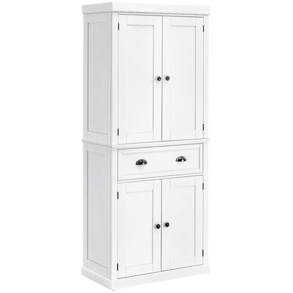 HOMCOM Freestanding Kitchen Cupboard, 184cm Tall Storage Cabinet with Doors and Shelves, Traditional Colonial 4-Door Kitchen Pantry Cupboard with Drawer, White
