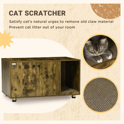 PawHut Cat Litter Box Enclosure, Hidden Cat Washroom, Decorative End Table with Double Doors, Scratching Pad for Living Room, Bedroom, Hallway, Rustic Brown