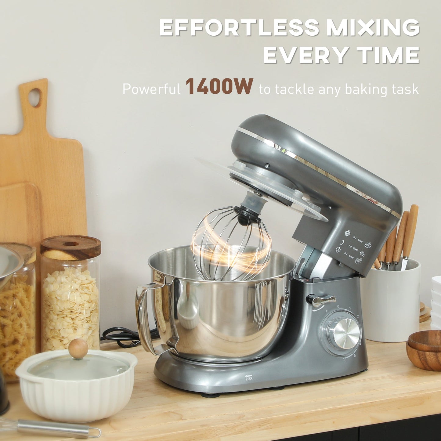 HOMCOM 1300W Kitchen Stand Mixer, with Accessories - Silver