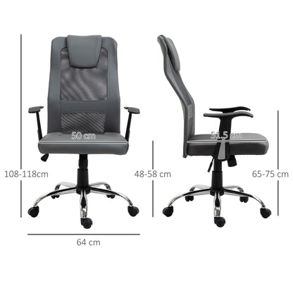 Vinsetto Office Chair, Computer Desk Chair, Mesh and PU Leather Swivel Chair with Adjustable Height and Rolling Wheels for Home Office Work Study, Grey