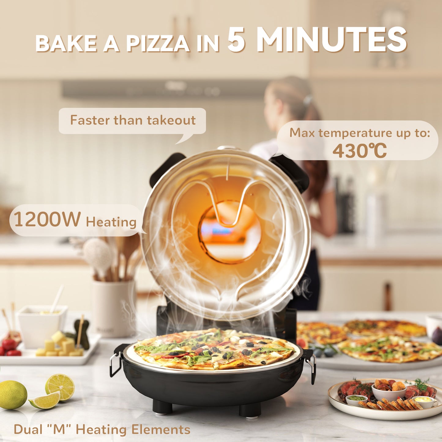 HOMCOM 1200W Pizza Oven, 12 Inch Electric Pizza Maker with Viewing Window, Dual Knob Temp & Timer Control, Overheat Protection, Black