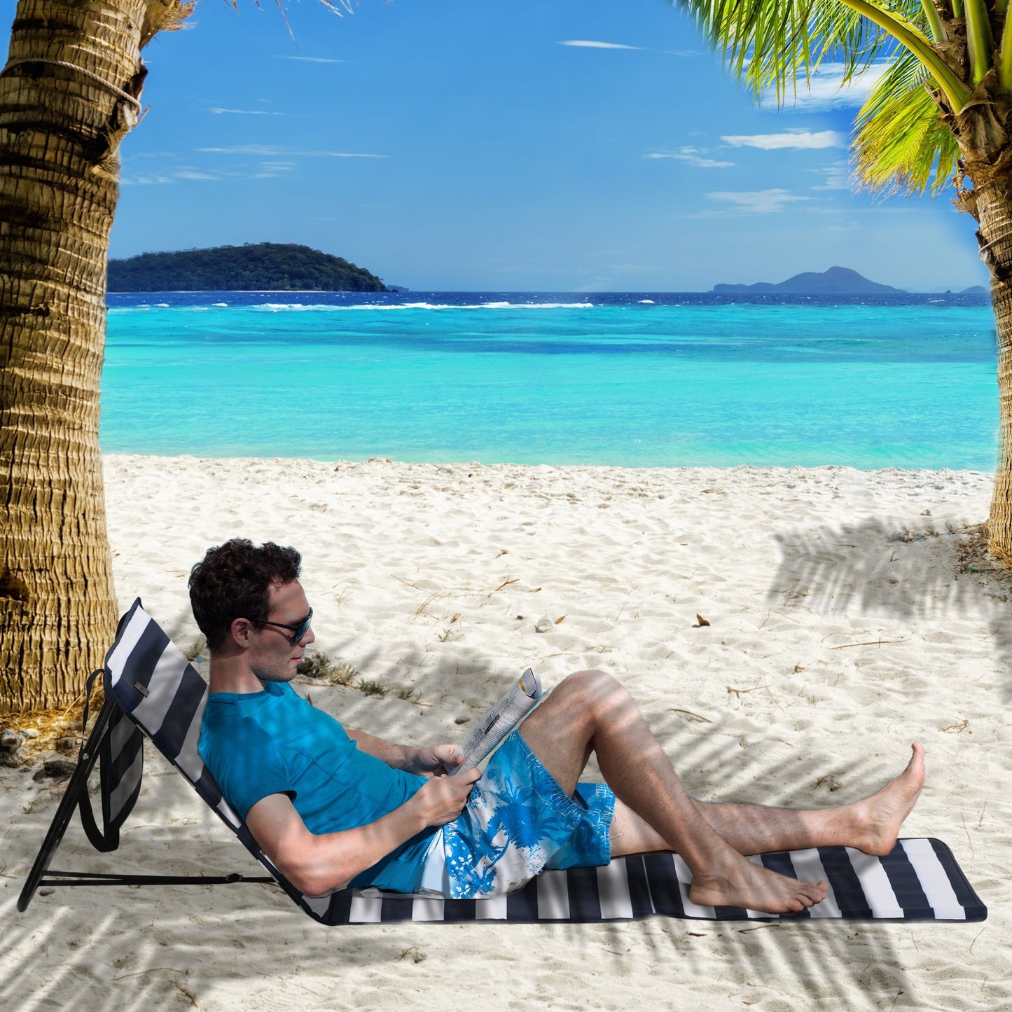 Outsunny Set of 2 Foldable Garden Beach Chair Mat, Outdoor Sun Lounger Seats with Adjustable Back, Magazine Pocket, Carry Bag