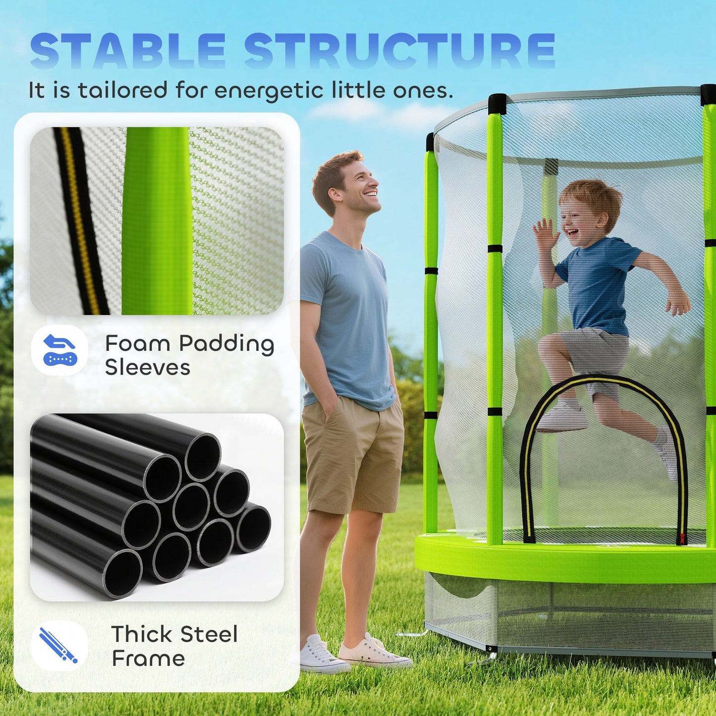 AIYAPLAY 4.6ft Toddler Trampoline w/ Safety Enclosure Net, for Indoor Outdoor Use, Ages 3-6 Years, Green