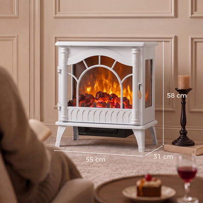 HOMCOM 3-Sided Glass Electric Fire Fan Heater, Electric Fireplace Stove Freestanding Log Burner with Flame Effect, White