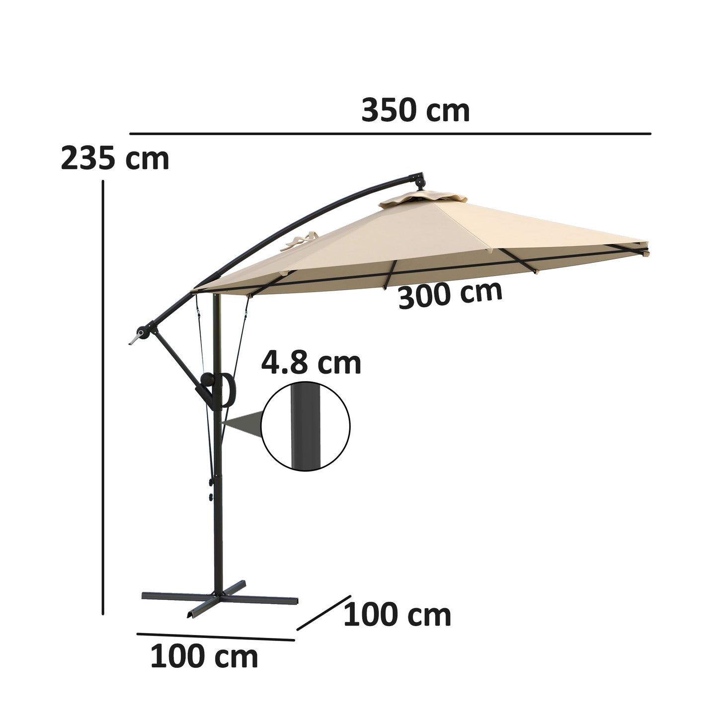 Outsunny 3(m) Parasol ogrodowy z wysięgnikiem z pokrowcem i paskiem chroniącym przed wiatrem, okrągły parasol z korbką i funkcją pochylania, parasol tarasowy typu banan do ochrony przed słońcem na zewnątrz, UPF50+, khaki