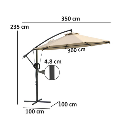Outsunny 3(m) Parasol ogrodowy z wysięgnikiem z pokrowcem i paskiem chroniącym przed wiatrem, okrągły parasol z korbką i funkcją pochylania, parasol tarasowy typu banan do ochrony przed słońcem na zewnątrz, UPF50+, khaki