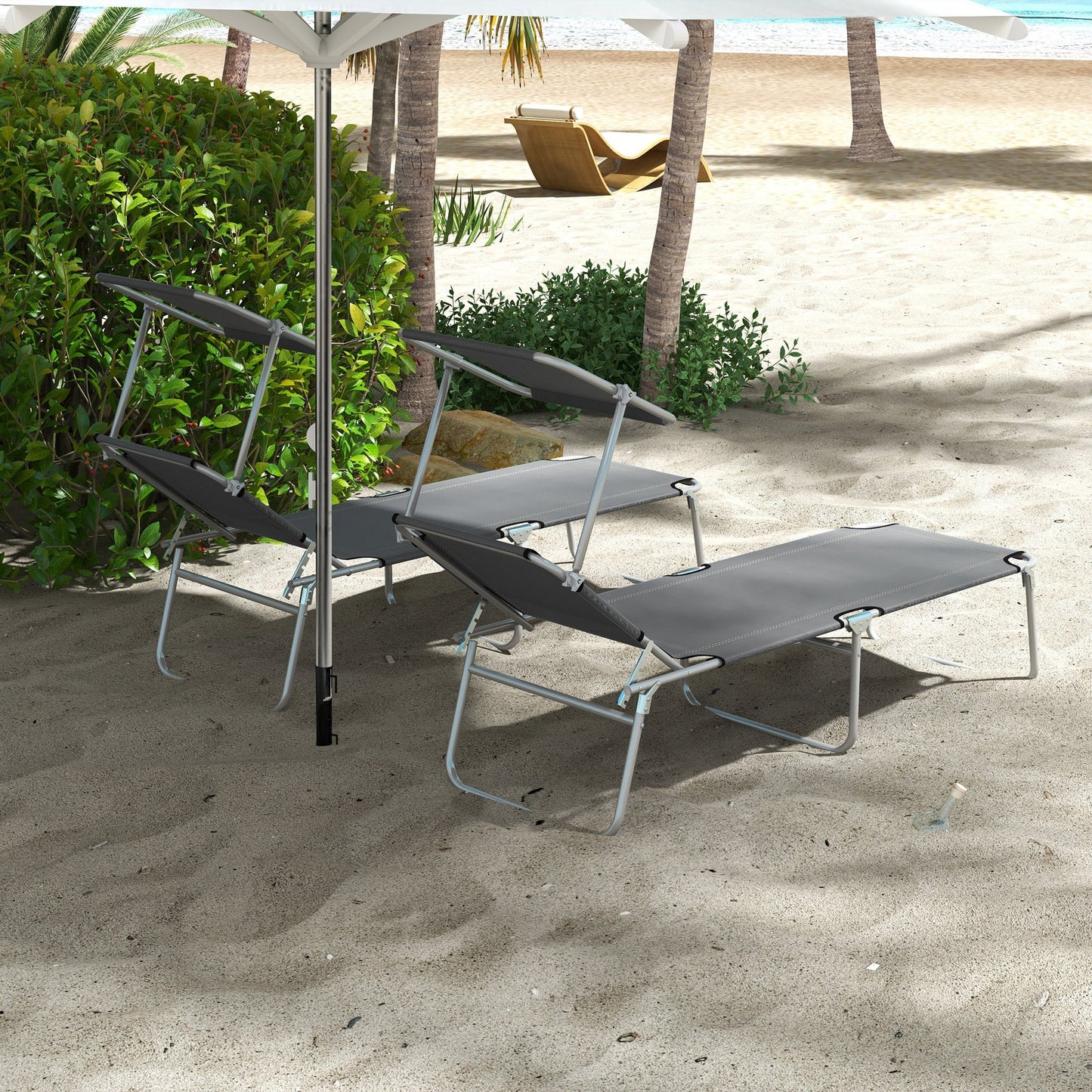 Outdoor Foldable Sun Lounger Set of 2 Reclining  Chair With Angle Adjust Sun Shade Awning for Beach, Garden, Patio, Grey