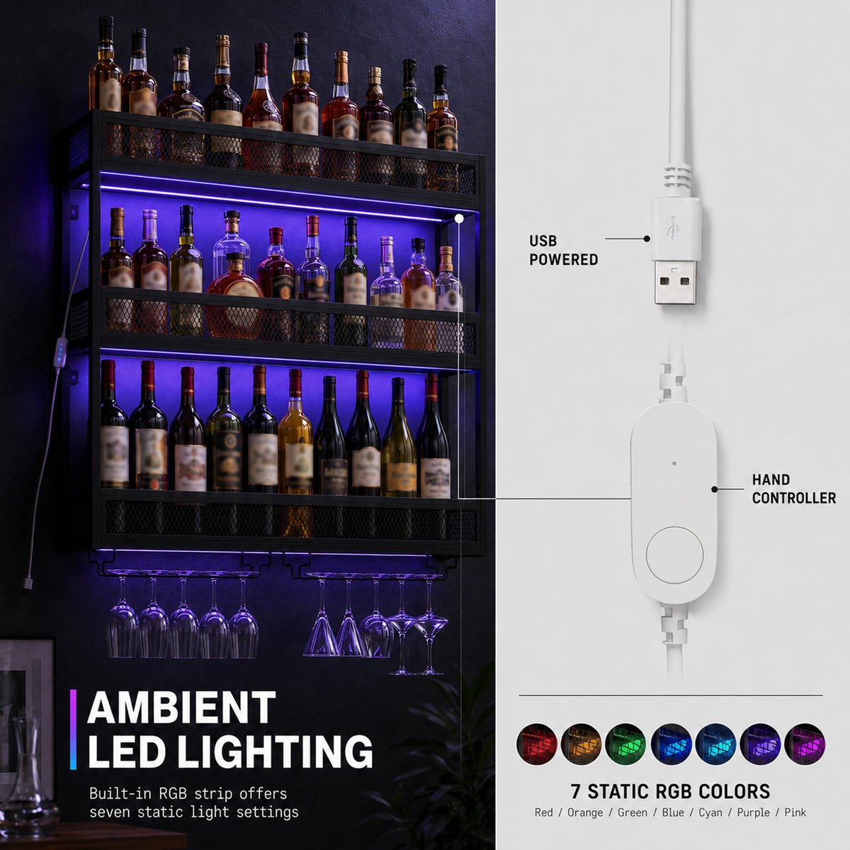 HOMCOM Wall-Mounted Wine Rack with LED Lights, Glass Holders, Open Shelf, Metal Storage Rack, Black