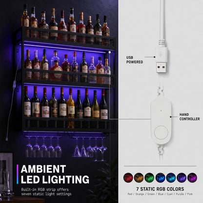 HOMCOM Wall-Mounted Wine Rack with LED Lights, Glass Holders, Open Shelf, Metal Storage Rack, Black