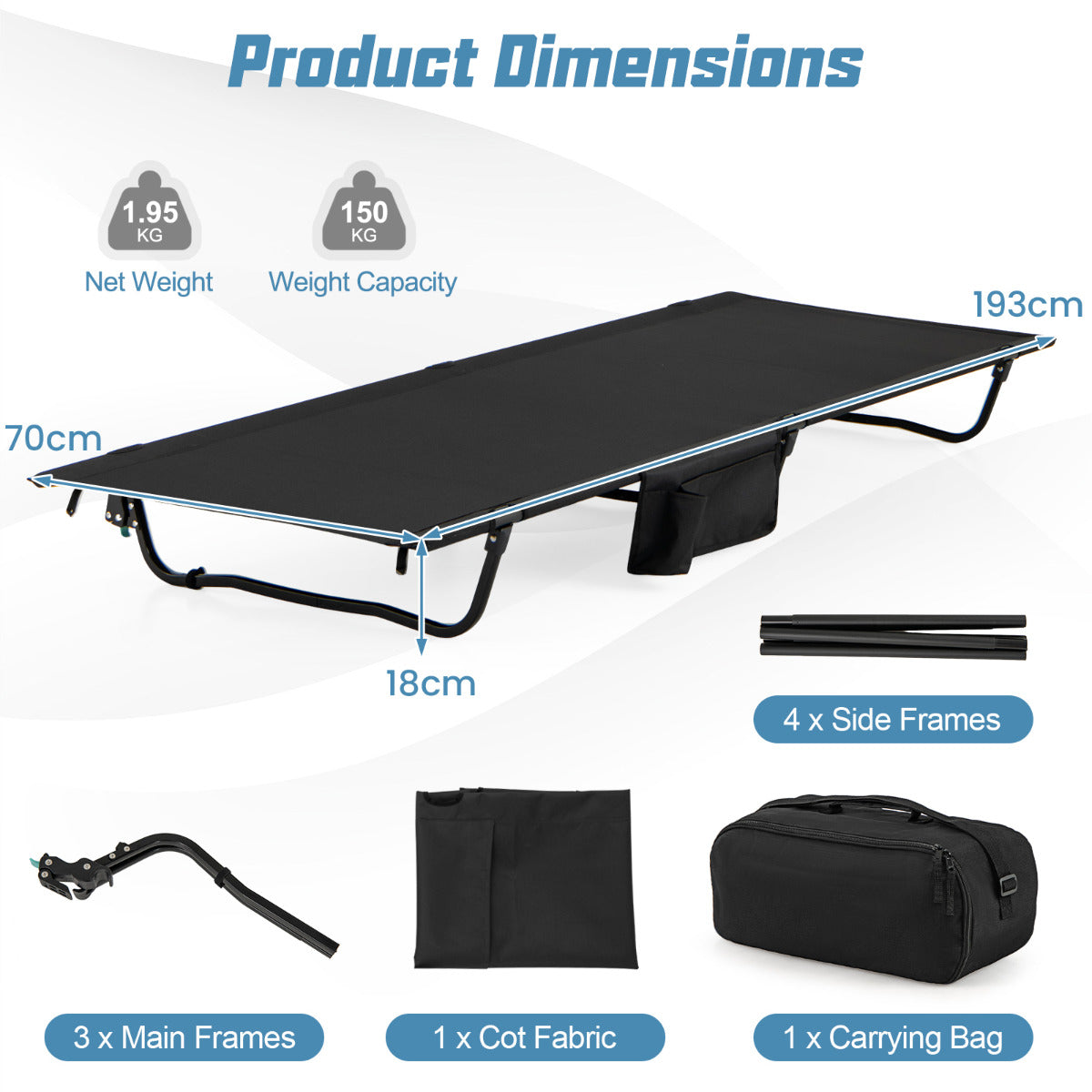 Ultralight Camping Cot for Adults with Side Pocket-Black