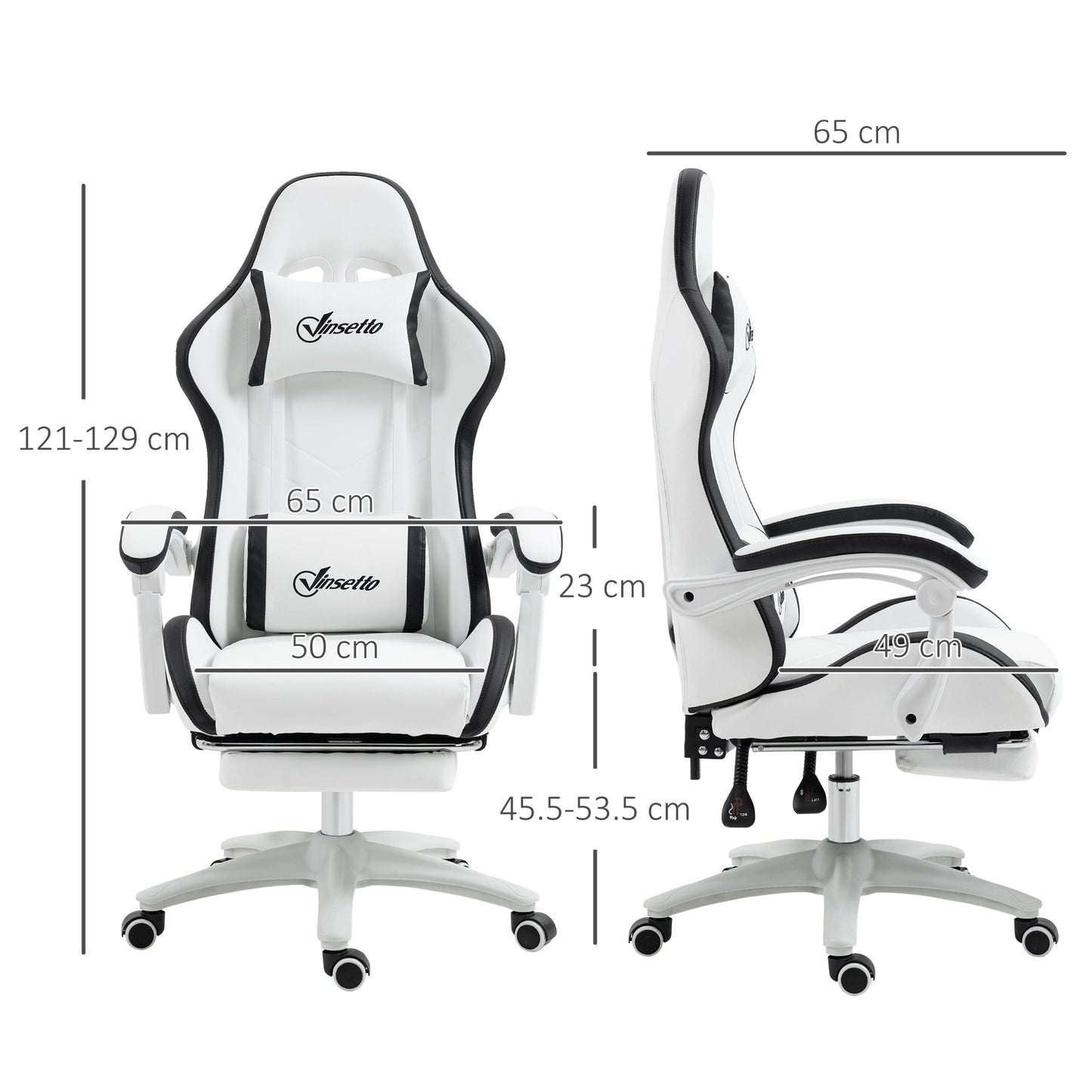 Vinsetto Computer Gaming Chair, PU Leather Office Desk Chair with Footrest, Swivel Wheels, 135 Reclining Back, Lumbar Support, Headrest for Home, White and Black